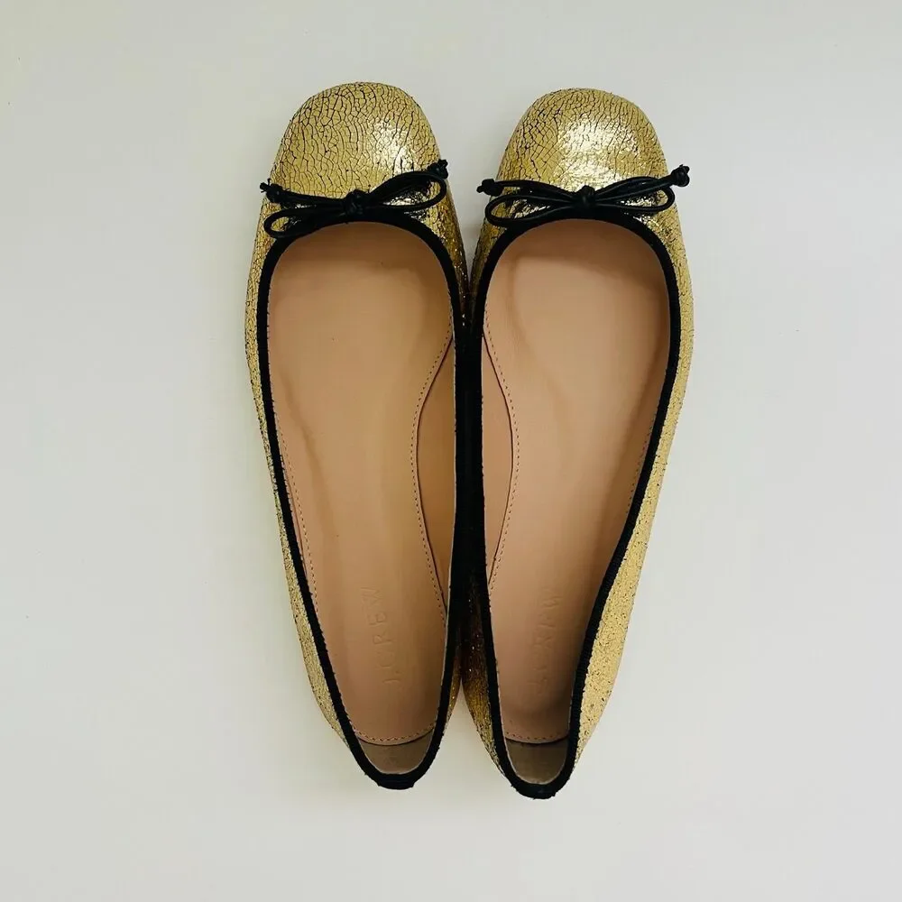 J. CREW Franklin Crackled Gold Leather Ballet Flats WIth Black Trim - US 6.5